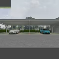 Modern Covered Parking Lot With Cars Green Landscaping Patterned Pavement And Signage