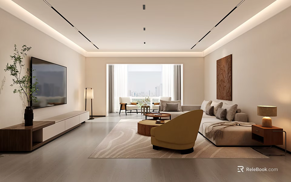 Modern Living and Dining Room Interior With Sofa TV Unit Large Window And Decorative Painting 3d model 