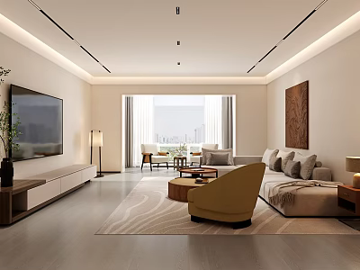 Modern Living and Dining Room Interior With Sofa TV Unit Large Window And Decorative Painting 3d model