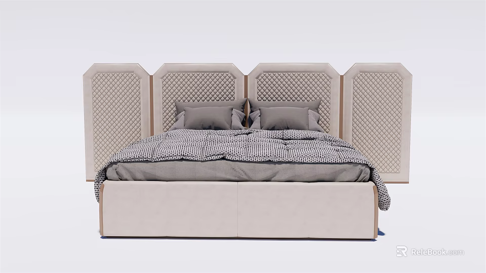 Double Bed With Tufted Panel Headboard Beige Frame Gray Bedding And Pillows 3d model