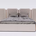 Double Bed With Tufted Panel Headboard Beige Frame Gray Bedding And Pillows 3d model