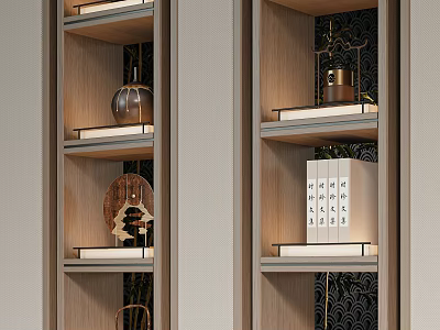 Elegant Modern Decorative Ornament Set on Wooden Bookshelf with Books and Artworks 3d model