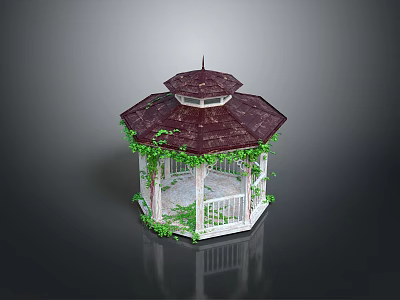 Elegant Octagonal Gazebo With Red Roof White Pillars And Climbing Green Vines 3d model