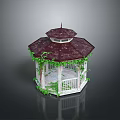 Elegant Octagonal Gazebo With Red Roof White Pillars And Climbing Green Vines