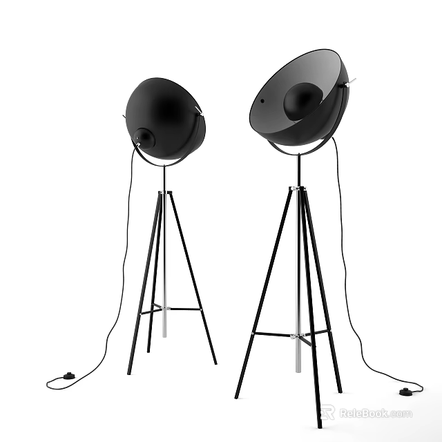 Two Black Modern Floor Lamps With Tripod Stand And Round Shades 3d model 