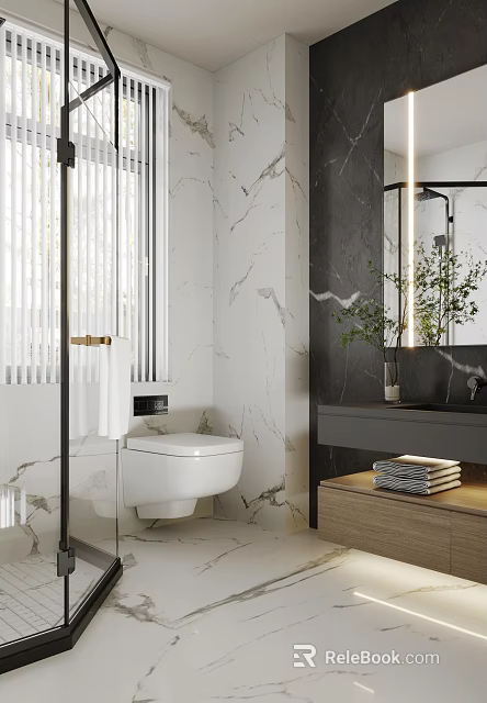 Elegant Modern Bathroom Interior With Marble Walls Wall Mounted Toilet Vanity And Mirror 3d model 