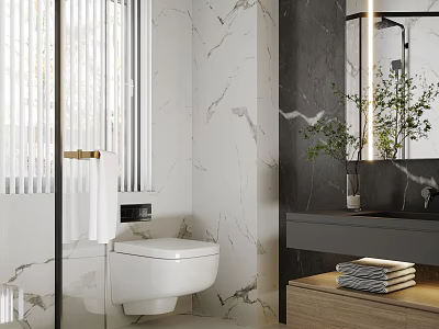 Elegant Modern Bathroom Interior With Marble Walls Wall Mounted Toilet Vanity And Mirror 3d model