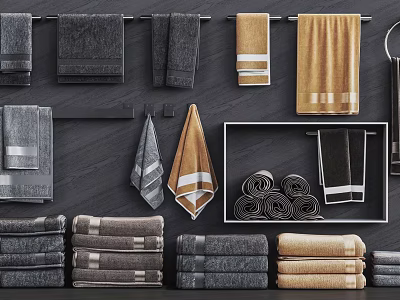 Elegant Gray And Brown Towels Folded Hanging And Rolled On Bathroom Storage Rack 3d model
