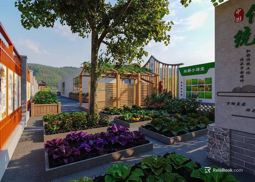 Garden Landscape Design With Vegetable Beds Flower Planters And Wooden Pergola 3d model 