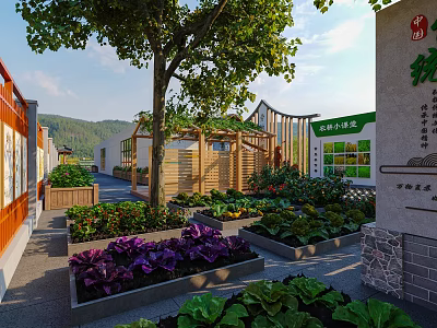Garden Landscape Design With Vegetable Beds Flower Planters And Wooden Pergola 3d model