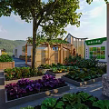 Garden Landscape Design With Vegetable Beds Flower Planters And Wooden Pergola