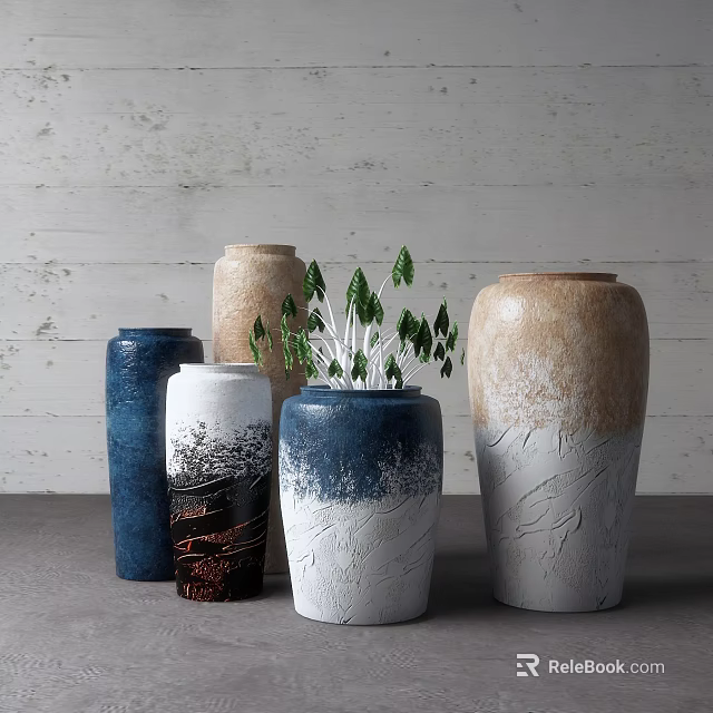 Modern Ceramic Vases With Blue Beige White Gradient Crackled Textures And Green Plant Decoration 3d model 