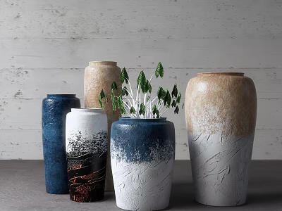 Modern Ceramic Vases With Blue Beige White Gradient Crackled Textures And Green Plant Decoration 3d model