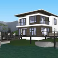 Modern Detached Villa with Mountain View Swimming Pool Wooden Deck and Lounge Chairs