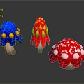 Vibrant Cartoon Mushrooms In Fantasy Scene With Blue Red White Hats And Spotted Patterns