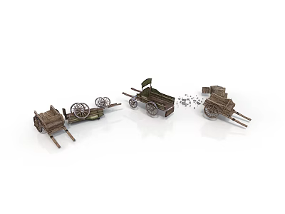 Vintage Wooden Horse Drawn Carts With Spoked Wheels And Wooden Frames 3d model