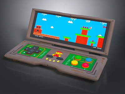Retro Portable Game Console with Classic Gaming Controls Displaying Red Castles and Green Platforms 3d model