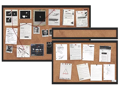 Cork Boards With Various Papers Photos Notes And Red Strings For Office Use 3d model