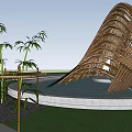 Modern Wooden Curved Pergola With Water Reflection Green Trees And Blue Sky