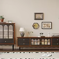 Modern TV Stand Setup With Side Cabinet Framed Pictures Table Lamp And Potted Plant