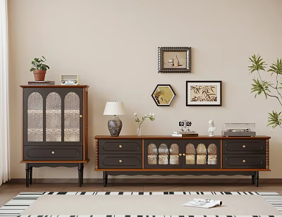 Modern TV Stand Setup With Side Cabinet Framed Pictures Table Lamp And Potted Plant 3d model