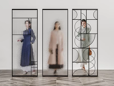 Modern Room Dividers Featuring Geometric Patterns Frosted Glass And Metal Frames In Interior Design 3d model