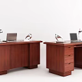 Brown Wooden Office Desk Setup With Laptop Desk Lamp Books And Drawers