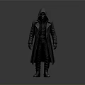 Man In Black Hooded Long Coat Standing Against Simple Gray Background