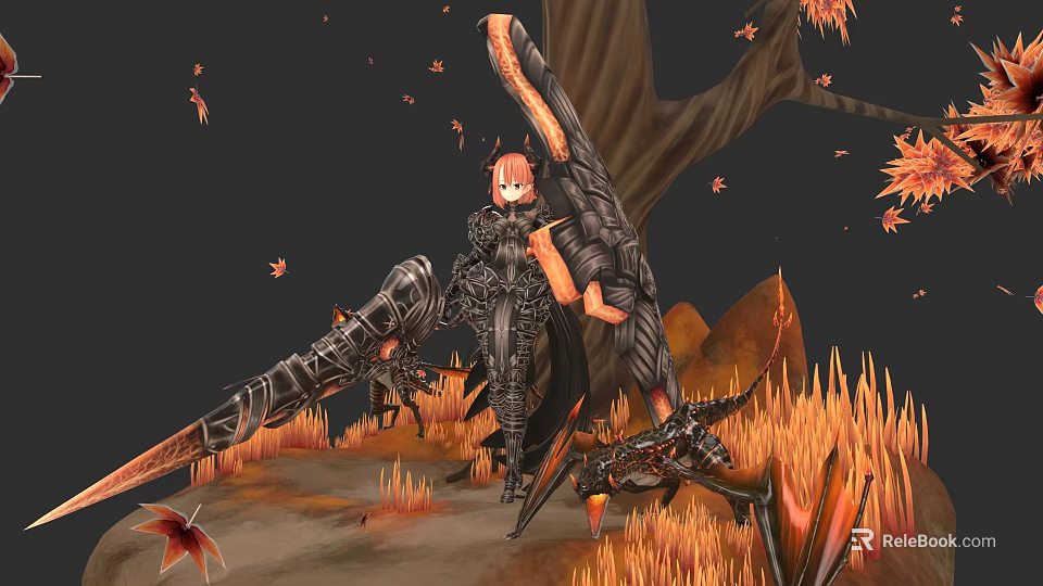 Woman In Dark Armor Holding Large Mechanical Weapon With Falling Leaves And Fiery Grass 3d model 