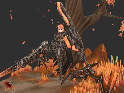 Woman In Dark Armor Holding Large Mechanical Weapon With Falling Leaves And Fiery Grass 3d model