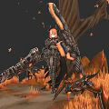 Woman In Dark Armor Holding Large Mechanical Weapon With Falling Leaves And Fiery Grass