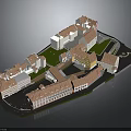 3D Model of Historic Town District with Red Roofs Central Green and Street Layout