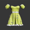 Yellow Polka Dot Dress With Short Sleeves White Belt And Ruffled Hem