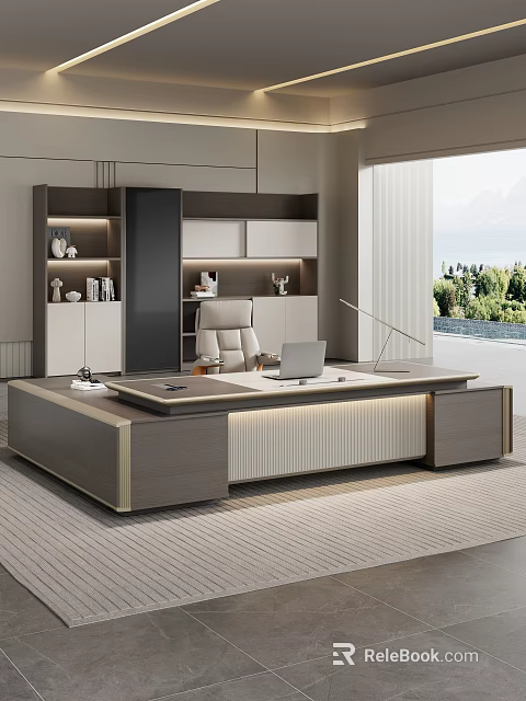 Modern Luxury Executive Office Desk With Ergonomic Boss Chair And Matching Full Storage Cabinets 3d model 