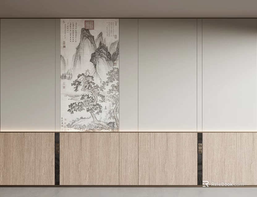 Modern Luxury Interior Background Wall With Chinese Landscape Painting And Wooden Cabinets 3d model 