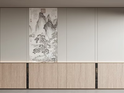 Modern Luxury Interior Background Wall With Chinese Landscape Painting And Wooden Cabinets 3d model