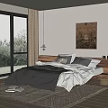 Background Double Bed with Gray White Bedding Wooden Headboard Large Window Green Landscape Artwork