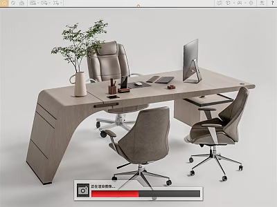 Modern Office Desk with Computer Monitor Potted Plant Keyboard Mouse and Ergonomic Chairs 3d model