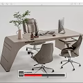 Modern Office Desk with Computer Monitor Potted Plant Keyboard Mouse and Ergonomic Chairs