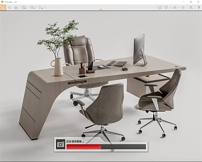 Modern Office Desk with Computer Monitor Potted Plant Keyboard Mouse and Ergonomic Chairs 3d model