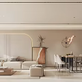 Modern Minimalist Living Dining Room Interior With Beige Sofa Brown Armchair And Marble Coffee Table