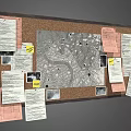 Public Facility Community Corkboard With Attached Papers Map Photos And Notes 3d model