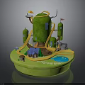 Green Playground Model With Yellow Slide Small Blue House Flags And Lawn Base