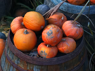 Fresh Orange Pumpkins in Rustic Wooden Barrel for Autumn 3d model