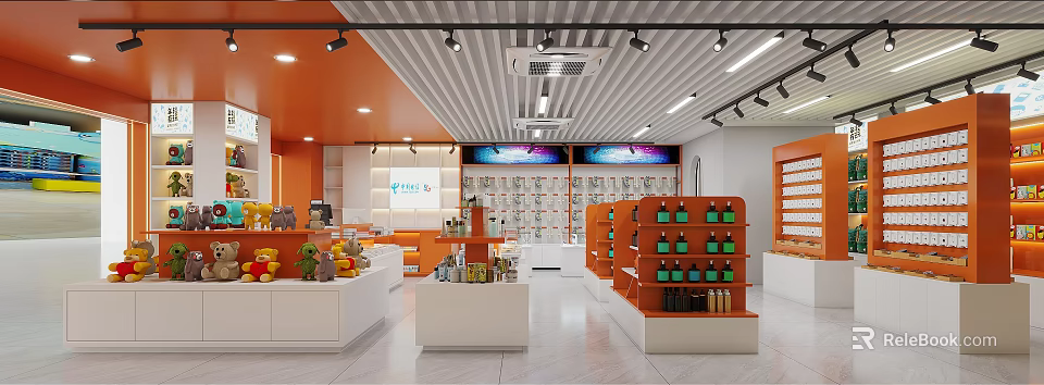 Specialty Store Interior With Orange And White Decor Shelves Displaying Various Products Ceiling Lights 3d model 