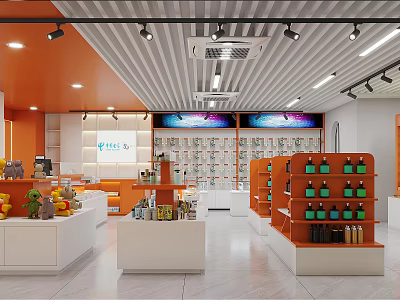 Specialty Store Interior With Orange And White Decor Shelves Displaying Various Products Ceiling Lights 3d model