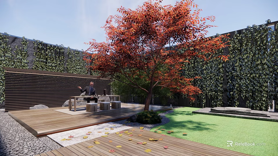 Courtyard Garden Design Featuring Wooden Deck Red Leaf Tree Outdoor Seating And Greenery Wall 3d model 