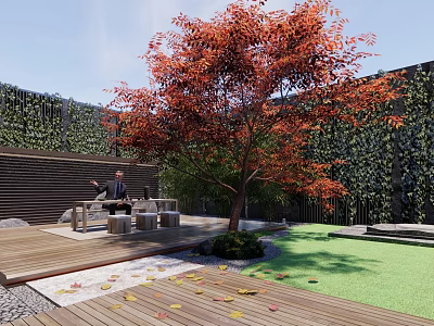Courtyard Garden Design Featuring Wooden Deck Red Leaf Tree Outdoor Seating And Greenery Wall 3d model