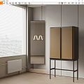 Modern Entryway Cabinet And Side Cabinet With Golden Doors Mirror Hanging Light And Window Blinds