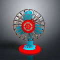 Red And Blue Desktop Electric Table Fan With Star Logo And Metal Grille
